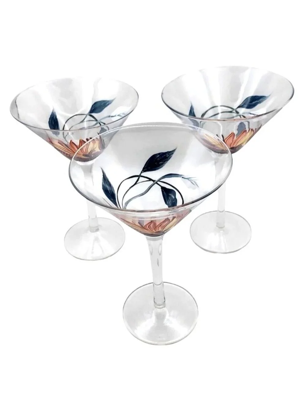 Hand Painted Glass Martini Cocktail Glasses Botanical Floral Barware Set of 3